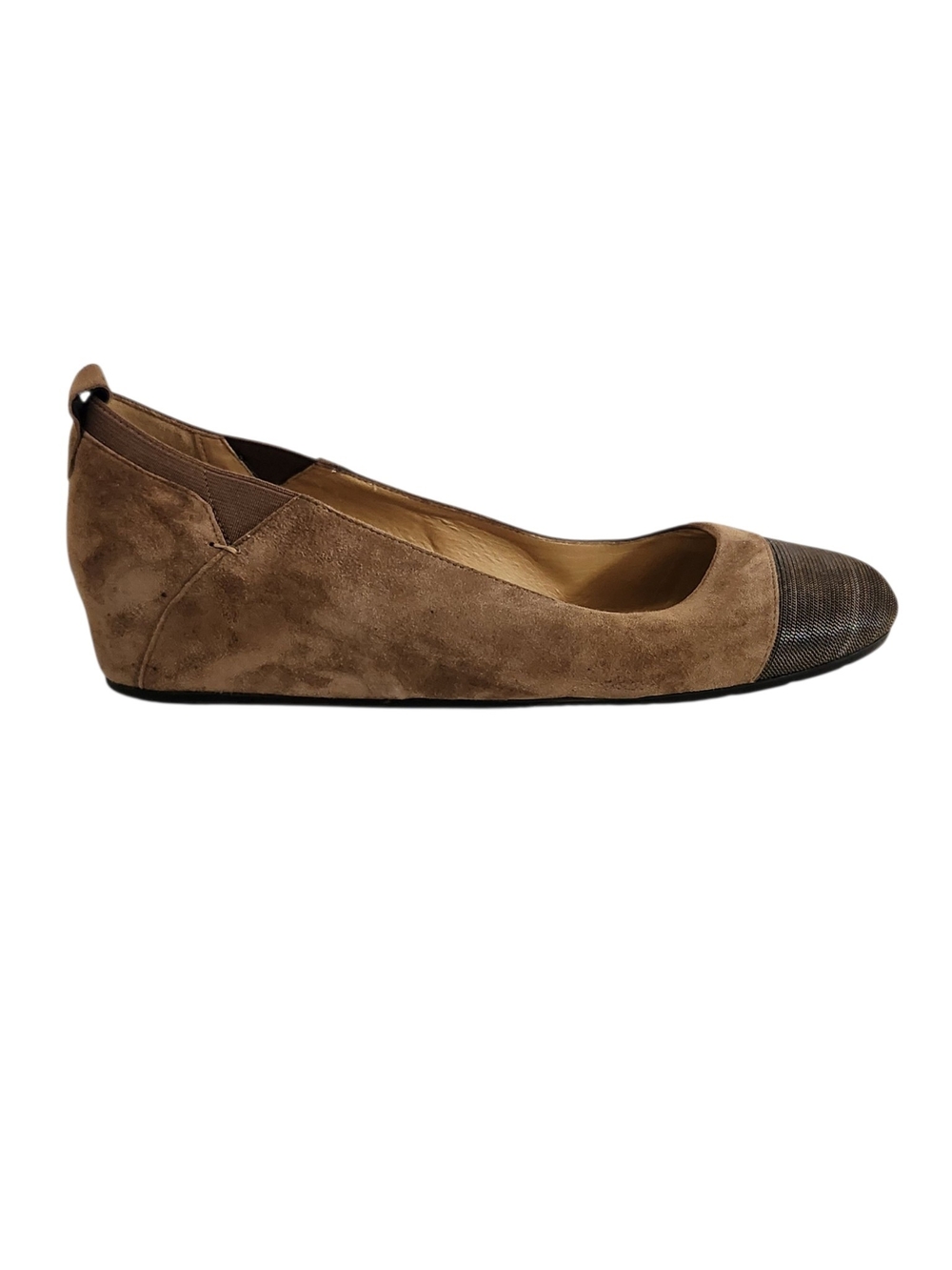 Vaneli Light Brown Suede Metallic Cap Toe Mini Wedge Shoes Size 10